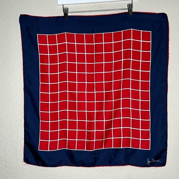 VTG Jean Casanave Signed Silk Scarf Blue Red Geometric 27x27 Hand Rolled Japan - Picture 2 of 7